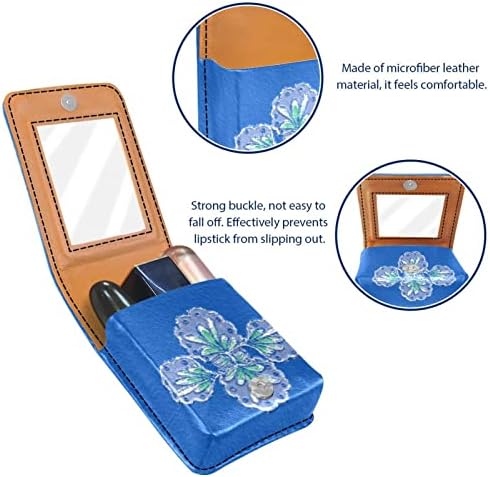 ORYUEKAN ruj caz cu oglinda drăguț portabil machiaj Sac cosmetice Husă, Vintage albastru patru frunze iarba