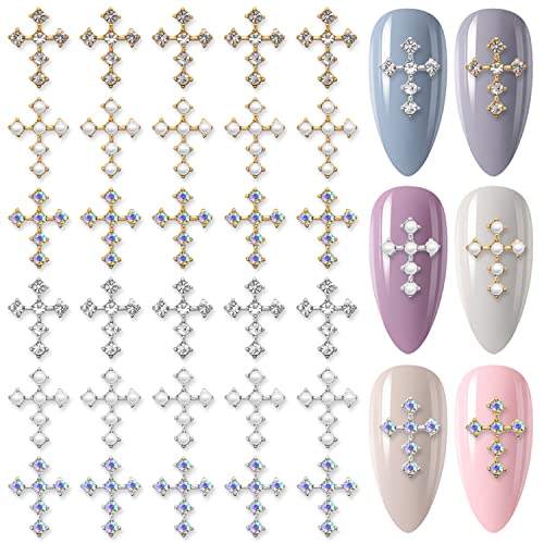 DannEasy 30pcs Cross unghii Charms 3d Gold Silver Nail Jewels AB unghii Rinsones Cross Farme pentru unghii Design Metallic