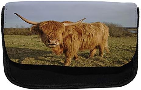 Carcasă lunară de creion de vacă Highland, animal de fermă în pășune, pungă de creion cu stilou din țesătură cu fermoar dublu, 8,5 x 5,5, multicolor