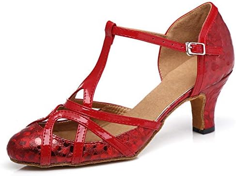 Femei T-curea T de sclipici salsa tango sală de bal, pantofi de dans de nuntă latină cu tocuri joase 6 cm, roșu, model 2040,