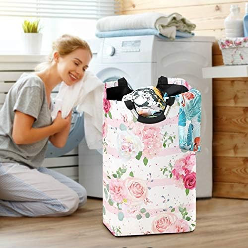 Coș de rufe roz trandafir flori spălătorie împiedică Portabil Pliabil haine organizator cu mânere sac de depozitare pentru