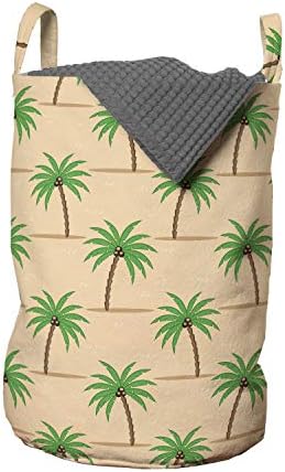 Geantă de rufe Ambesonne Oasis, palmier repetitiv cu nuci de cocos pe ramuri, coș de coș cu mânere Închidere cu șnur pentru spălătorii, 13 x 19, Verde ferigă piersică