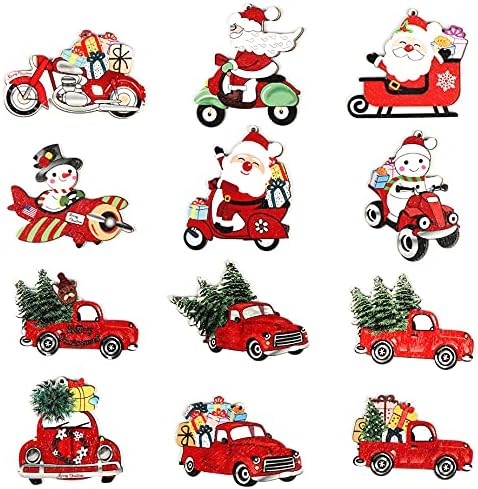 Theshai 12 bucăți ornamente de Crăciun camion roșu ornament de Crăciun de Crăciun Decorații de vacanță din lemn de fermă de
