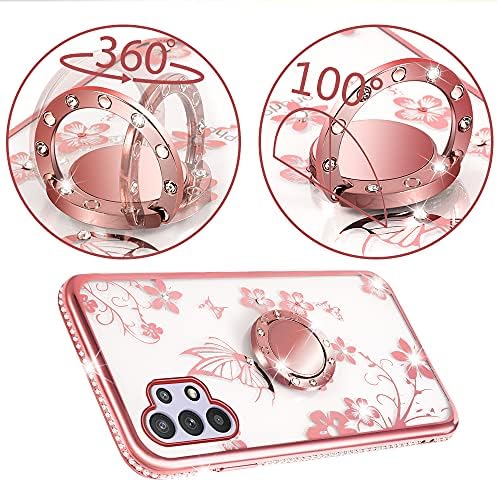 Compatibil cu Galaxy A32 5g caz Femei fete bara de protecție Ultra subțire cu drăguț roz floare fluture sclipici diamant inel