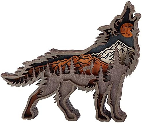 Creatcabin 3d Wolve Wolf Wolf Statuie Hollow Multi-Layer Siluetă Decor de siluetă Forest Muntele Afișare Recuzită Sculptură