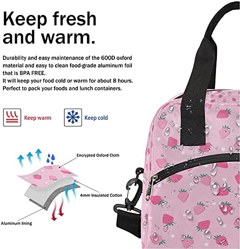 Pardick Pink Strawberry izolat Pranz Bag Polka Dot Lunch Box pentru femei Fata cu curea de umar Tote Bag containere mari reutilizabile Meal Prep pentru munca scolara Travel Picnic Thermal Cooler Bag