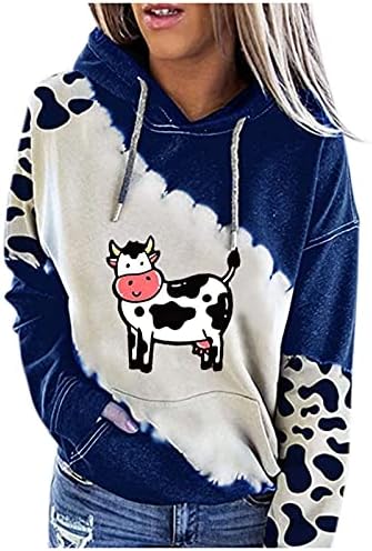 Hoodie de vacă drăguță pentru hanorac cu bloc de culori pentru femei cu blaturi de pulovere cu mânecă lungă de buzunar bluze