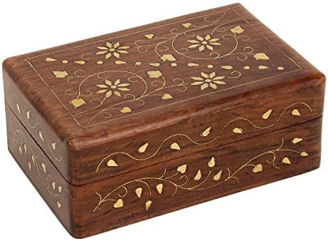Devyom hand Artizanale din lemn decorative Breloc cutie de bijuterii organizator cu Mughal inspirat florale sculpturi și alamă