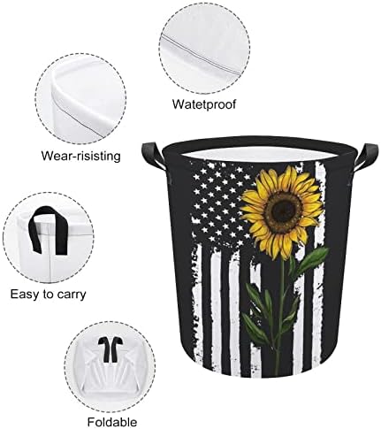 Floarea-soarelui American Flag coșuri de rufe cu mânere impermeabil rotund pliabil haine împiedică depozitare sac Organizator