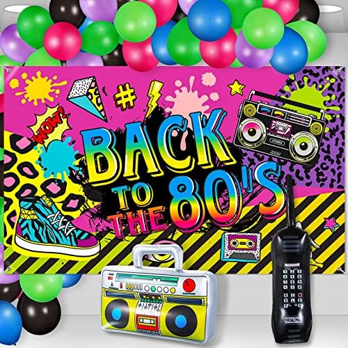 Xuhal 80 's Party Decoratiuni înapoi la petrecerea anilor' 80 fundal Banner cu gonflabile Radio Boombox și telefon mobil Latex