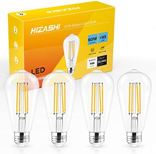 Becuri Edison reglabile Hizashi 60 watt LED, bec E26 2700K alb cald St19 Becuri Vintage, 95+CRI, listate UL,700lm 6w E26 bază
