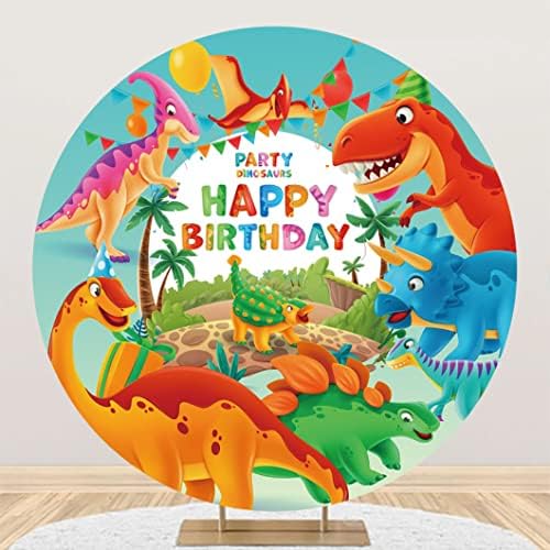 Yelee 6.5x6.5ft Dinto -dinozaur La mulți ani Rotund fundal Copertină Copertă Colorată Palm Palm Palci Tropical Fotografie Fundal pentru copii Băieți pentru petreceri de naștere pentru tort Decor de masă