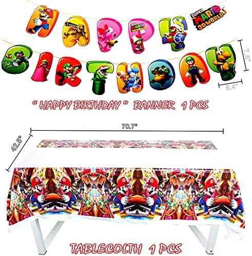 Super drăguț Mario Bros Tema Party Decoratiuni, Mario Brothers Super Party Consumabile includ Banner,Tablecover, Farfurii,Cupcake topper,cuțite,linguri,furci,pahare de hârtie,paie,șervețel, baloane, pentru fanii jocurilor Video decoratiuni petrecere de aniversare.