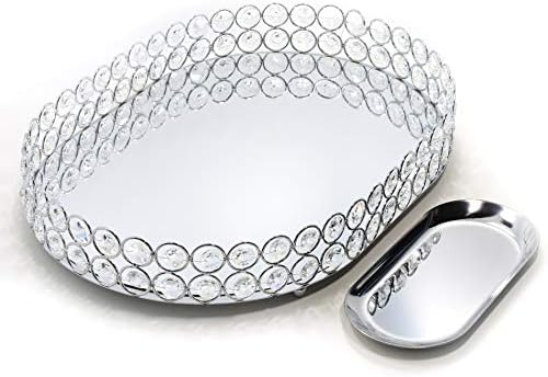 Tava decorativă Lindlemann - Tava de cristal ornat cu oglindă metalică - design elegant pentru machiaj de bijuterii parfumate,