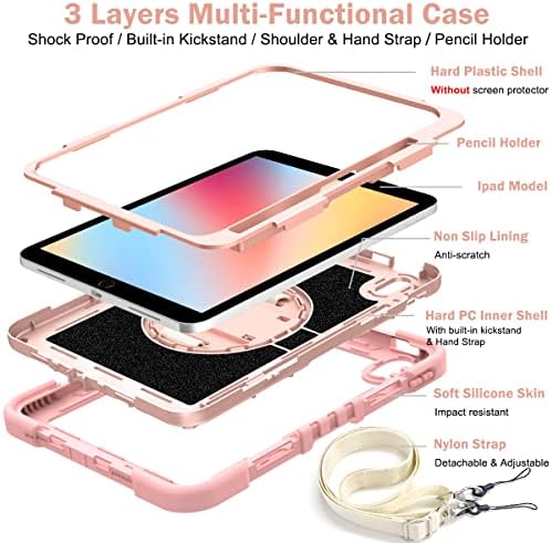 Dteck iPad 10th Generation Caz 10,9 inch 2022, Carcasă de protecție rezistentă rezistentă cu curea de mână rotativă cu curea