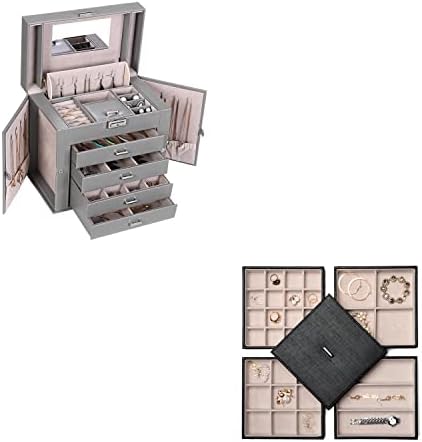 Cutie Organizator Bijuterii BEWISHOME, cutie de bijuterii cu sertare, Organizator colier pentru Femei fete cu oglindă de blocare,tăvi