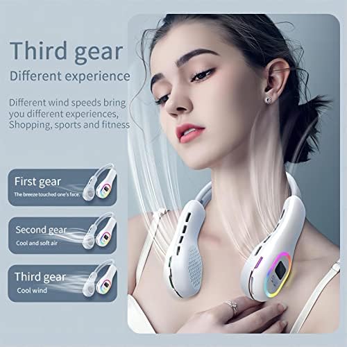WATCENDY Ventilator portabil pentru gât personal portabil Hands Free Bladeless ventilator pentru gât LED lumină colorată 3 viteze 360 de reglare a direcției vântului ventilator reîncărcabil pentru gât