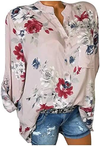 Topuri și bluze pentru femei V gât elegant Floral imprimeu buton de pulover de fund casual bluză de sus tee bluză plus dimensiune