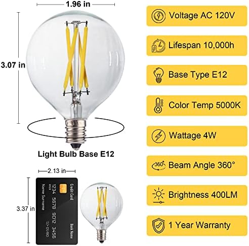 Fannis 12 Pack G50 mic bec LED de înlocuire, 4W este egal cu 40W, Lumina zilei Alb 5000k Edison bec, E12 Candelabra base Vintage