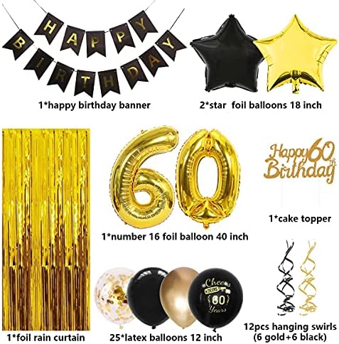 ZRJSSYP 60th Birthday Birthday Gold Gold Supplies for Women Men Happy Birthday Banner Hanging Swirl Cake Topper Număr 60 Foil