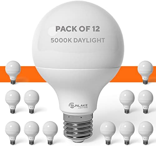Sunlake 12 Pack G25 Vanity Globe becuri 5 Watt Dimmable, 5000k Lumina zilei LED, ochi prietenos 450 lumeni, baza E26, Ideal