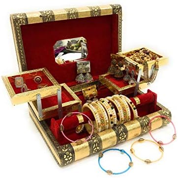 Navrang Meenakari lucrat manual cu bijuterii oxidate cutia de vanitate pliabilă din lemn pentru cercei, bretele cu oglindă