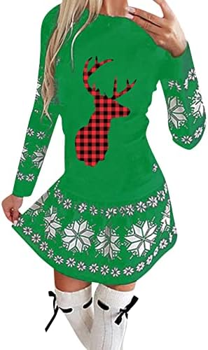 Xmas_Dress femei Casual Crăciun imprimate rotund gat Zburli tiv maneca lunga rochie drăguț elan elan Fulg De Nea
