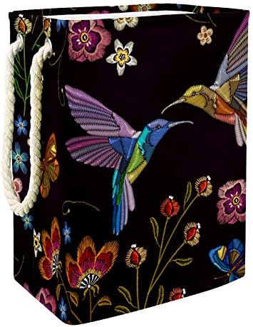 Inhomer colibri pasăre și flori tropicale broderie 300d Oxford PVC haine impermeabile împiedică coș mare de rufe pentru pături
