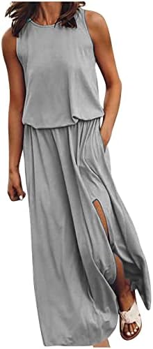 Rochii maxi de vară pentru femei, cu mâneci casual fără mâneci, culoare solidă solidă, plus dimensiuni despărțite rochii lungi despărțite