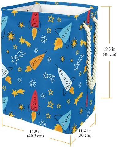 Coșuri de rufe impermeabile înalt Robust pliabil desenat manual Doodle Rocket Star Blue Print Hamper pentru copii adulți băieți