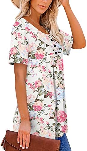 Femei Casual tunica Topuri vara florale imprimate maneca scurta Henley Tricouri buton până V gât vrac Flowy Tee Shirt