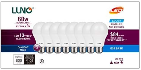 Bec LED Non-Dimmable LUNO A19, 9.0 W, 800 lumeni, 4000K, bază medie, certificat UL