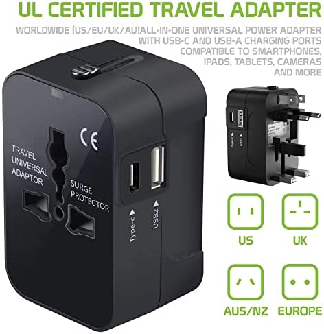 Travel USB Plus International Power Adapter Compatibil cu Samsung SM-J727V pentru putere la nivel mondial pentru 3 dispozitive USB TIPEC, USB-A pentru a călători între SUA/UE/AUS/NZ/Marea Britanie/CN