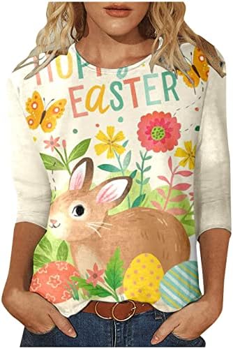 Paste Fericit Tees pentru femei Bunny Rabbit Grafic Top 3/4 maneca Casual T-Shirt Plus Dimensiune Tricouri Christian Bluze