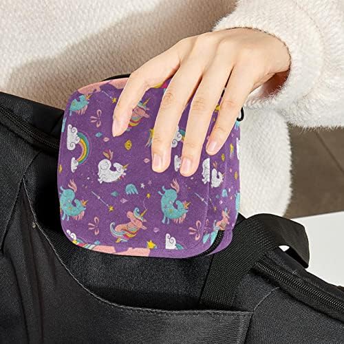 Geantă de epocă, Geantă de șervețel sanitar geantă Tampon cu fermoar pentru femei Fete menstruație Feminină pungă cu fermoar Mini geantă cosmetică pentru poșetă, Unicorn purple Magic Rainbow