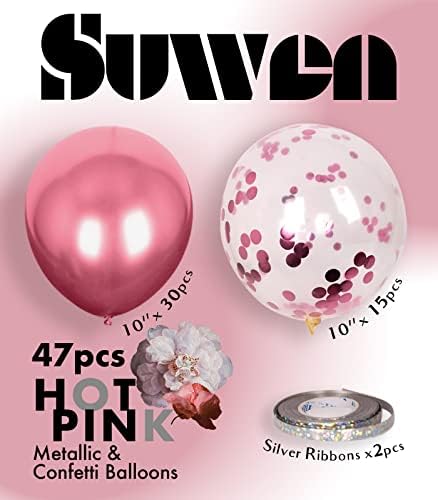 SUWEN metalice roz fierbinte baloane și Confetti baloane Set 47pcs Latex heliu crom Magenta balon pentru ziua de nastere absolvire