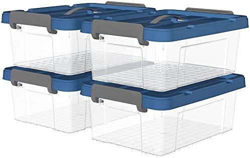 CETOMO 20L*4 Cutie de depozitare din plastic, cutie de tote, recipient de organizare transparent cu capac albastru durabil